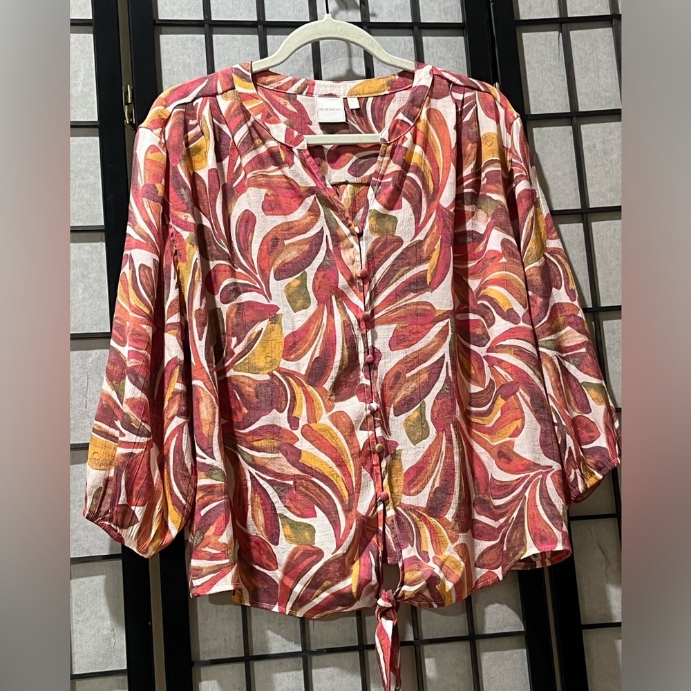Zac & Rachel Pink Floral TIE FRONT BLOUSE with ABSTRACT PRINT WOMEN SIZE L